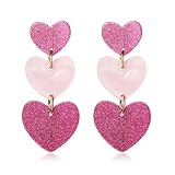 Pink Heart Earrings for Women Teen Girls Fashion Long Vintage Glitter Three Love Heart Dangling Drop Statement Earrings Birthday Valentine's Day Jewelry Gifts (Pink Acrylic Heart Earrings)