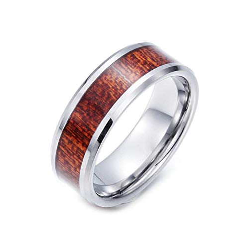 Bague homme tungstène argenté motif bois brun anneau punk 8mm