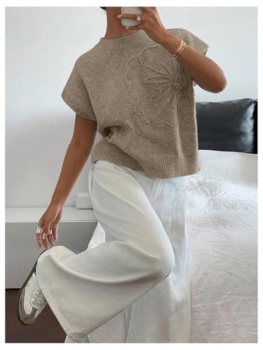 Image of SOLY HUX Women's Short Sleeve Sweater 3D Floral Sweaters Pullover Tank Tops Knit Vest Trendy Fashion Clothing