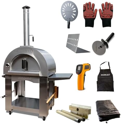 PREMIO Wood-Fired Pizza Oven with Professional Grade Accessories - Double-Wall Insulation w/Heavy Gauge Stainless Steel and Cordierite Stones Surface - Includes 8 additional items