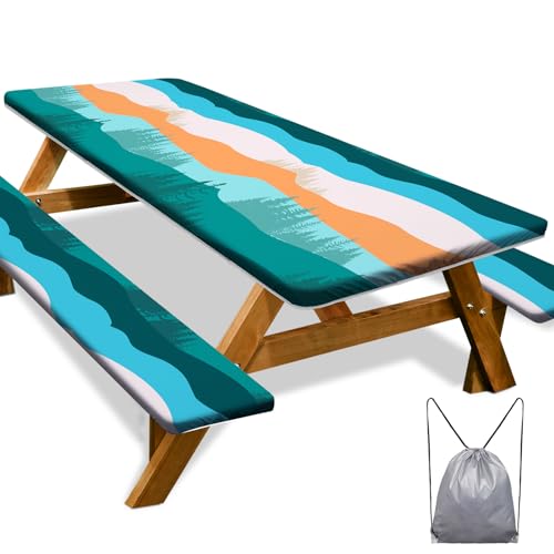 Picnic Table Cover with Bench Covers Camping Essentials Waterproof Windproof Camping Tablecloth with Drawstring Bag, Fitted Rectangle Tables and Seats, 96in, Orange Blue