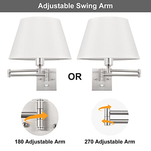 Image of TRLIFE Dimmable Wall Sconce with Remote Control, Adjustable Color Temperature 2700K-6500K and Dimming 10-100% Swing Arm Wall Lights with Plug in Cord, 11.8 inch Large White Fabric Shade(2 Pack, 2 Bulbs)