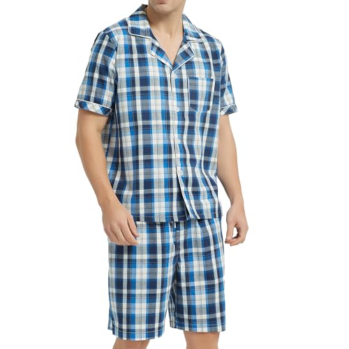 Image of Vulcanodon Mens Cotton Pajama Set Short Sleeve, Button Down Pajama Set for Men Lightweight Men's Sleepwear