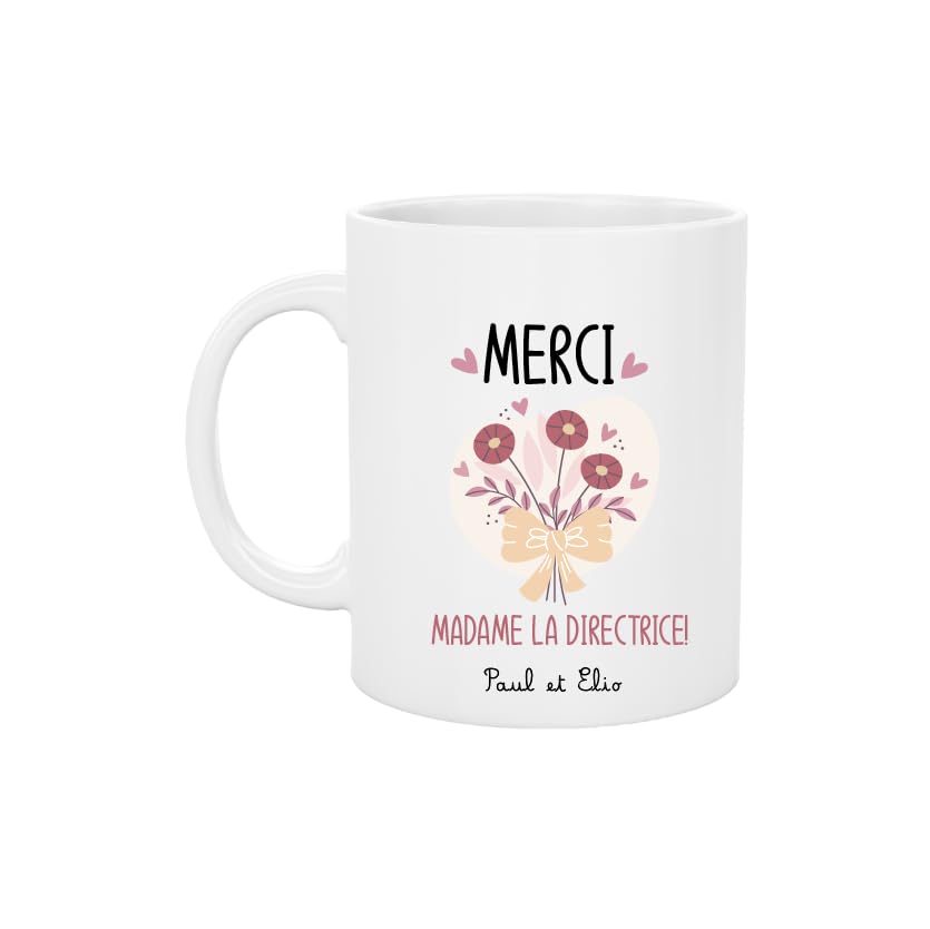 Mug Céramique Merci Madame la Directrice – Personnalisé avec Prénom(s) Enfant(s) – Fleurs Roses – Cadeau Fin d’Année Scolaire – 330 ml