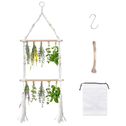 Huiraas Herb Drying Rack Hanging Macrame Boho Plant Dryer Racks