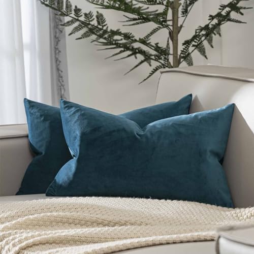 Image of 12x20 Lumbar Throw Pillow Covers Set of 2 for Couch Bed Sofa,Prussian Blue | Decorative Soft Velvet Cushion Covers with Invisible Zipper for Living Room Bedroom Home Decor