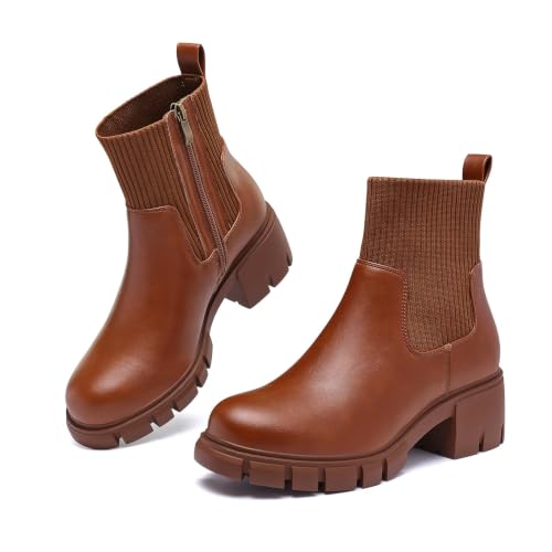 ziitop Damen Chelsea Boots mit Reißverschluss Chunky Plateau Stiefeletten Braun Lederoptik mit Blockabsatz Profilsohle 42 EU