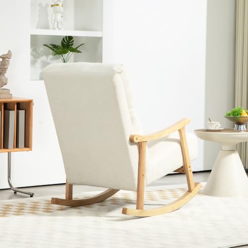 Miniatura 7 de Homcom Silla Mecedora De Borreguito Moderna, Mecedora Con Patas Y Reposabrazos De Madera De Caucho, Respaldo Alto, Sillón De Lactancia Carga 120 Kg, Para Dormitorio, Salón, Crema