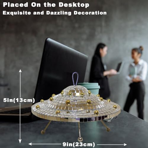 Image of Disco Ball with Elastic Rope UFO Spaceship Mirror Reflective Decorations UFO Space Art Crafts Creative Disco Mirror Ball Handmade Gifts Funny Christmas Decorations(9 * 5INCH)