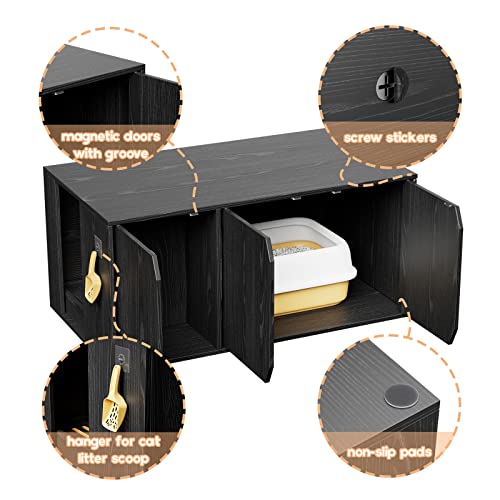 Lovinouse Cat Litter Box Enclosure Furniture, Stackable Hidden Cat Litter Boxes Cabinet With Litter Catch, Indoor Wooden Cat Washroom Bench For Living Room (Black) #TOP2