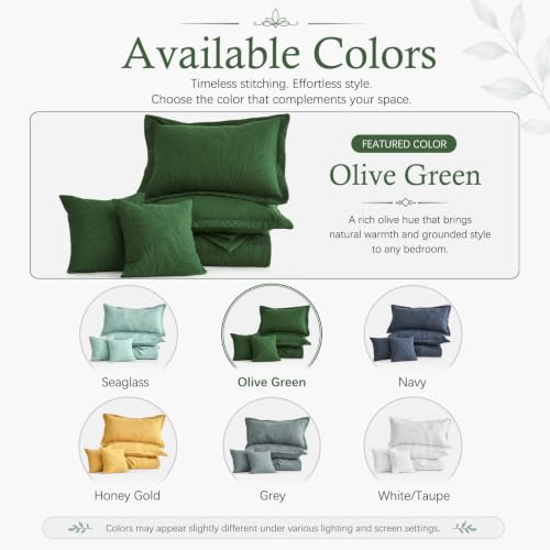 Image of HZ & HY Botanical Oversized Queen Bedspread, Stitched Leaf Quilt Set Queen Size, Lightweight Reversible Coverlet, Tailored Edge - Earthy Natural Look, 5 Piece, Olive Green