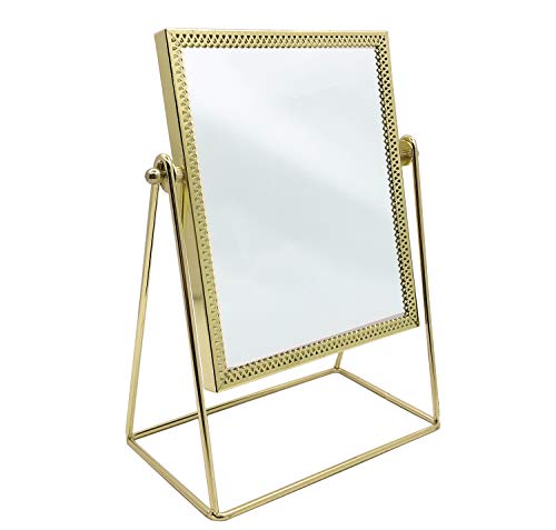 Makeup Mirror Vanity Mirror Vintage 360° Rotation Metal Cosmetic Mirror Round Beauty Mirror Handmade Make Up Mirror for Dresser Vanity Table Desktop Bathroom Bedroom (Rectangular, Champagne Gold)