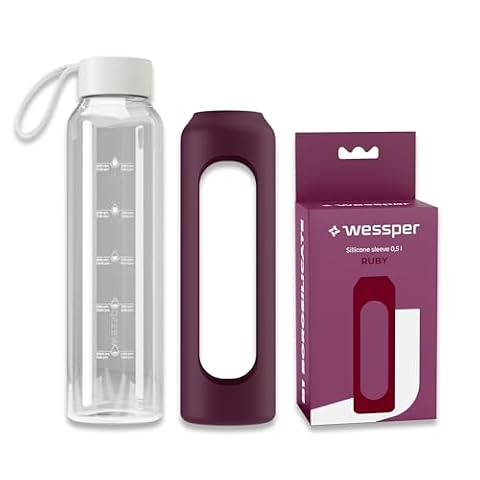 Wessper szklana butelka na napoje z silikonowym pokrowcem, butelka z borokrzemowego szkła z oznaczeniem czasu 500 ml, idealna do fitnessu, szkoły, sportu, dla dzieci – Rubinowa Czerwień