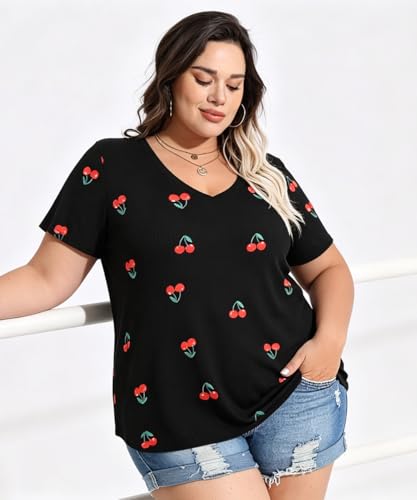Image of RITERA Women Plus Size Tops Tie Dye V Neck Shirt Floral Camo Summer Short Sleeve Tunic Oversized Ladies Blouse XL-5XL