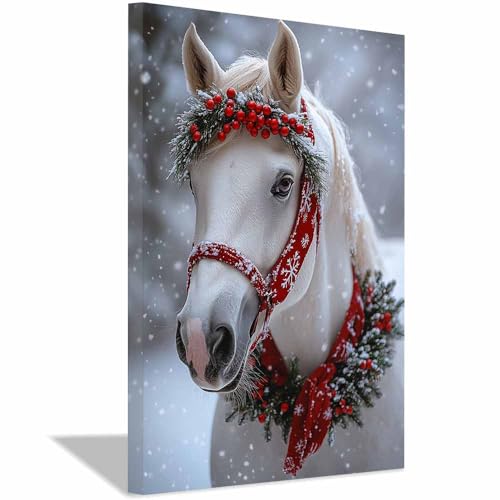 Décoration murale cheval blanc de Noël toile artistique haut de gamme 70x100