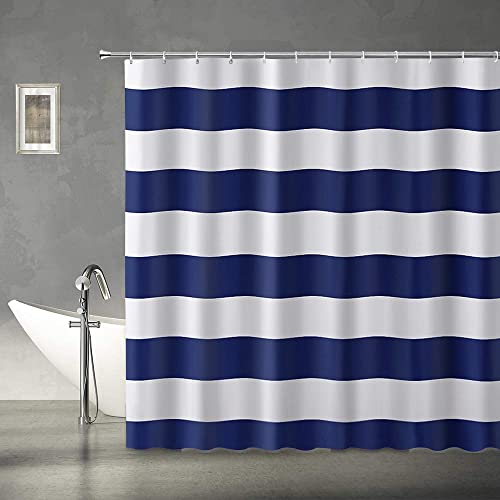 Abaysto Navy Blue Shower Curtain Stripes, Blue and White Bathroom Decorations Curtain Durable Bathtub Showers Decor with Hooks