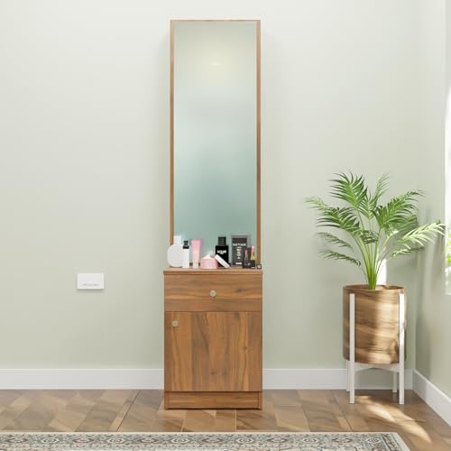 Image of VIKI | Engineered Wood Dressing Table with 1 Drawer & 1 Door, Mirror and Huge Storage Space | Vanity for Living Room, Bedroom (Brussel Walnut - 43.8W x 40D x 182.6H cms)