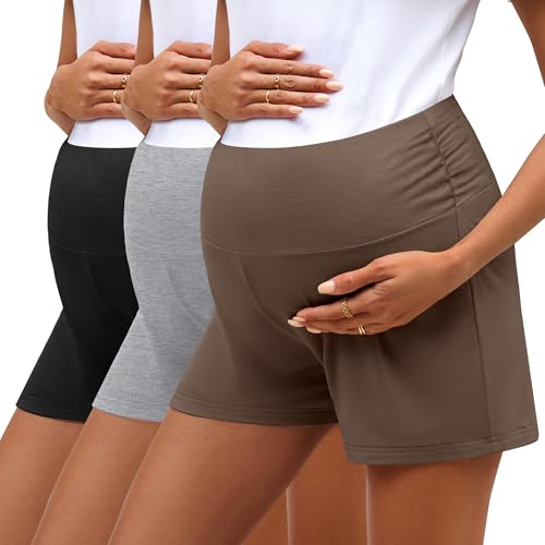 Oakgarden 3 Pack Women's Maternity Shorts Over Belly Pregnancy Shorts Comfy Lounge Pajama Workout Maternity Clothes(Black, Light Gray, Brown,XX-Large)