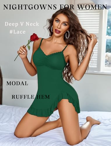 Image of Avidlove Lingerie for Women Sexy Nightgown Modal Nightwear Side Slit Babydoll Chemise Spaghetti Strap nighties