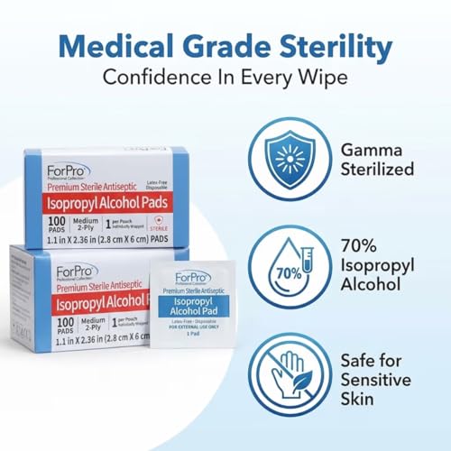 Image of ForPro Alcohol Prep Pads, 200-Count Sterile Alcohol Wipes Individually Wrapped, 70% Isopropyl, Medium 2-Ply Medical Grade Antiseptic Pads, Latex-Free, First Aid & Injection Prep, Gamma Sterilized