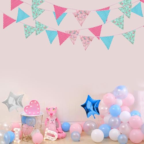 Image of Zwiebeco 32Ft Pink Blue Circle Dots Floral Fabric Bunting Triangle Flags Cotton Flowers Pennant Banner Decorations for Birthday Wedding Engagement Tea Party Spring Rustic Village Home Garden Decor