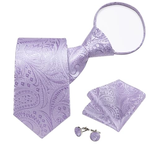 Image of DiBanGu Silk Zipper Ties for Men,Paisley Solid Plaid Pre-tied Tie and Pocket Square Cufflinks Set Formal Adjustable Necktie