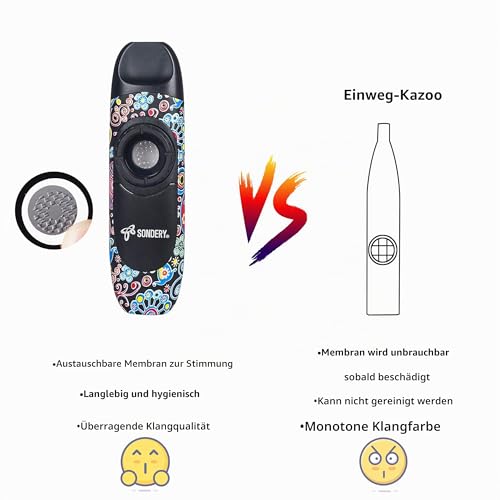 Sondery Kazoo für Kinder und Erwachsene mit 5 Membranen, Spitze zum Aufhängen am Hals und Tasche, ein Musikinstrument-Geschenk für alle Altersgruppen