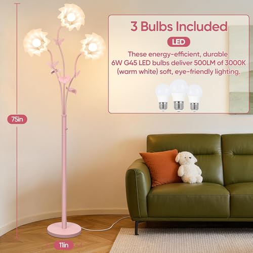 Image of TOBUSA Flower Floor Lamp for Bedroom, 3-Light Vintage Pink Standing Lamp with Flexible Gooseneck, 75'' Tall Retro Floral Stand Up Lamp for Living Room, Modern Unique Cute Flower Corner Lamp for Girl