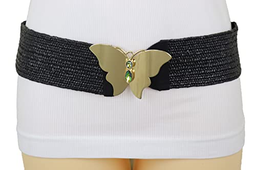 Women Fashion Elastic Black Belt High Waist Hip Gold Metal Butterfly Buckle S M2