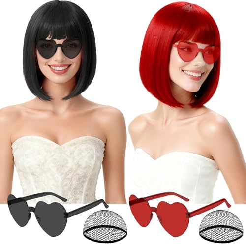 Image of 2 Pack Colored Bob Wigs and Heart Sunglasses Set, Black Red Short Straight Bob Wig with Bangs Neon Party Colorful Synthetic Hair for Women Men Halloween Costume Bachelorette Party Favors