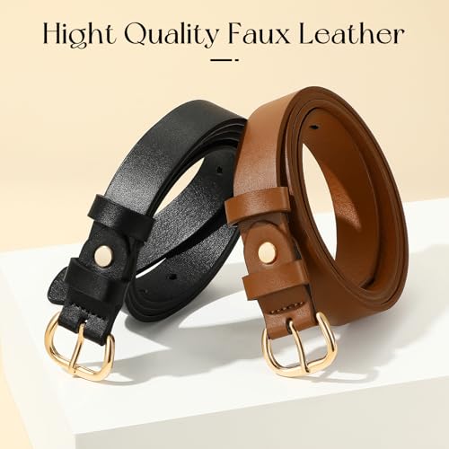 SANSTHS 2 Pack Faux Leather Belt Women for Jeans Pants Dresses, Skinny Belt Women with Gold Alloy Buckle4
