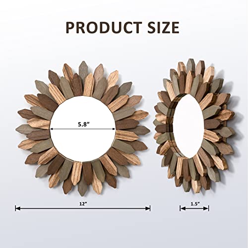 Image of Honiway Boho Wall Decor 12 inch Decorative Mirror with Rustic Wood Sunburst Frame, Perfect for Bedroom, Living Room, Bathroom, Kitchen