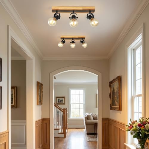 Image of 3‑Light Track Ceiling Light, Industrial Wood Spot Light Fixture, Adjustable Direction Ceiling Spotlight, Vintage Metal & Wood Ceiling Lamp for Kitchen E26 Base (Bulbs Not Included)
