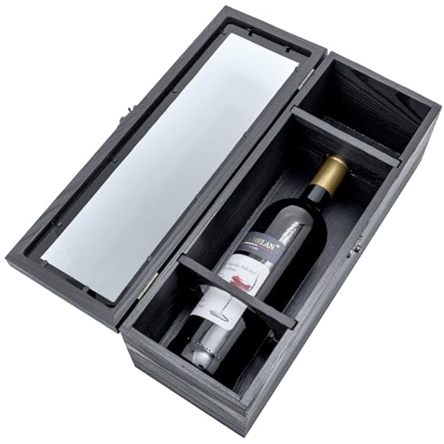 MyGift Wine Bottle Gift Box with Translucent Black Acrylic Window, Decorative Wine Holder Display, Whiskey Collector Storage Case with Metal Latch Closure, Rustic (Black)