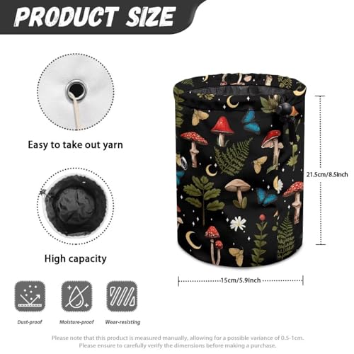 Image of Sellikakes Mushroom Butterfly Moon Yarn Storage Organizer with Drawstring, Crochet Storage Bag Yarn Holder for Crocheting Project Accessories, Knitting Needles