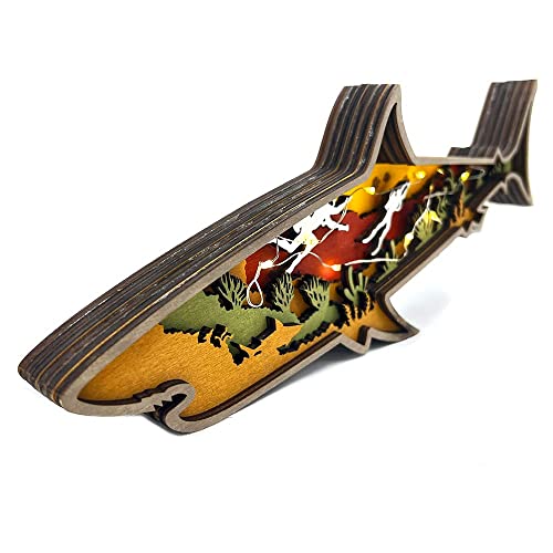 Annoomm Animal 12Inch Shark Decor,Wooden Home Shark Statues And Figurines,Shark Wall Ornament Multilayer Woodland,Shark Silhouette And Sculpture,Shark Decoration For Wall Shelf Wood(Shark+Light) #TOP5