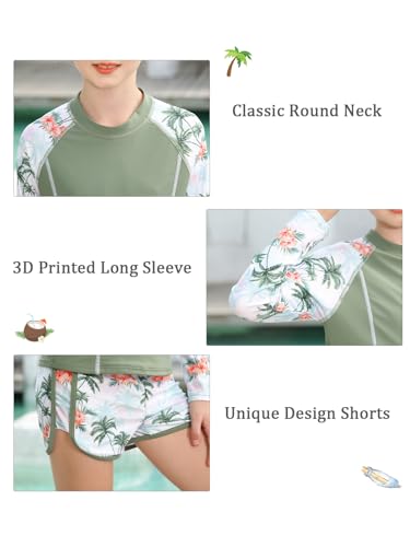 Vogseek Girls Swimsuit with Rash Guard Long Sleeve Shirt Hawaiian Floral Swimming Suits for Girl Size 8-10 Summer Beach UPF 50+ Bathing Suit 9 Years Girl\'s Quick Dry Flower Tankini Swim Shorts - Thumbnail 6