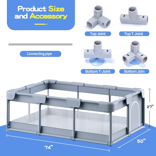 Baby Playpen 74x50 Inch, Playpen for Babies and Toddlers, Play Pen Indoor & Outdoor Active Center, Sturdy Safety Playard with Anti Slip Suction Cups, Skin-Friendly Fabric, Large Space Baby Fence