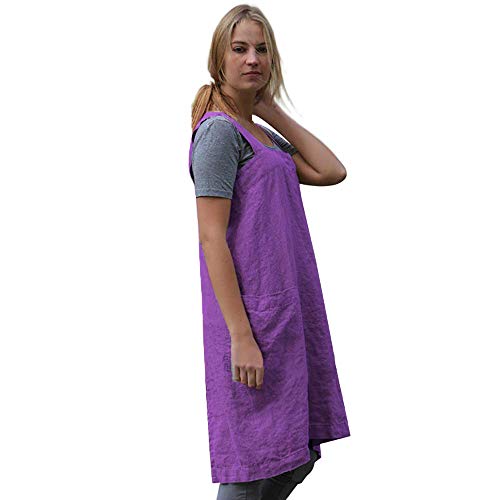 Women's Pinafore Square Apron Baking Cooking Gardening Works Cross Back Cotton/Linen Blend Dress With 2 Pockets Purple-2Xl #TOP3