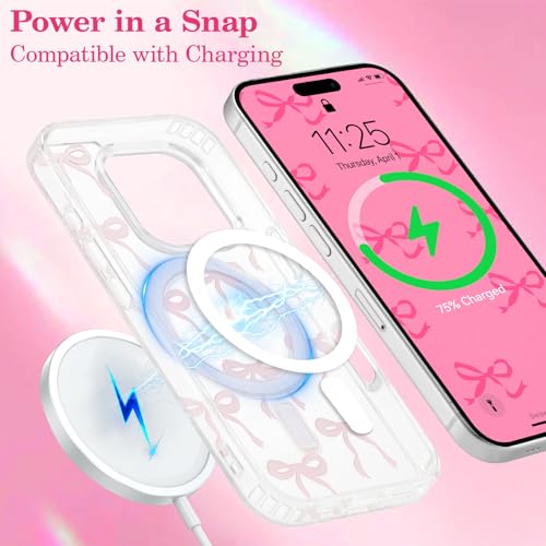 UEEBAI Magnetic for iPhone 13 Pro Case, Bow Case Compatible with MagSafe, Wireless Slim Clear Ribbon Aesthetic Phone Cover Anti-Yellowing Shockproof Protective Cover for Women Girl - Hot Pink by UEEBAI - Used condition - Image 4