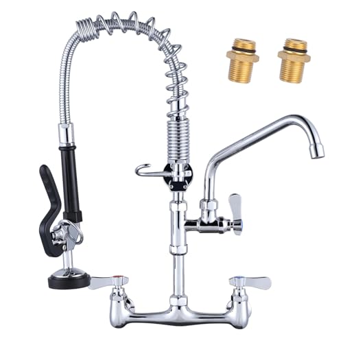 Image of 21 inch Height Commercial Faucet Wall Mount with Sprayer 8 inch Adjustable Center 10 inch Swing Spout, Kitchen Sink Faucets with Pull Down Pre-Rinse Sprayer for Restaurant Industrial Kitchen, Chrome