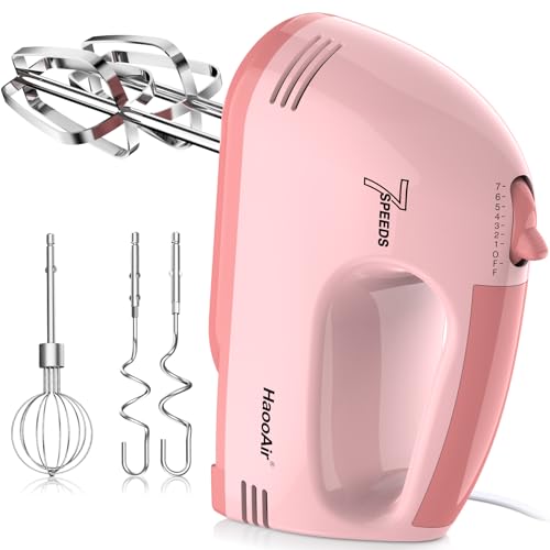 Haooair Elektrischer Handmischer, Kompakter 7-Gang Mixer, Spülmaschinengeeignetes 304 Zubehör (1*Schneebesen, 2*Knethaken, 2*Rührstäbe), Mischt verschiedene Zutaten, Anfänger und Bäcker