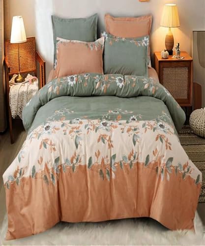 Image of Polycotton Single Bed Bedsheet, Flat Sheet with 1 Pillow Cover, Queen (60x90 inch), 300 TC, Green & Orange, Set of 2