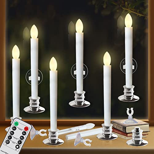 Image of 6 Pack Flameless Taper Candles with Remote /Timer & Suction Cup, Battery Operated Flickering LED Window Candles, Vintage Christmas Electric Fake Candlesticks, Silver Holder