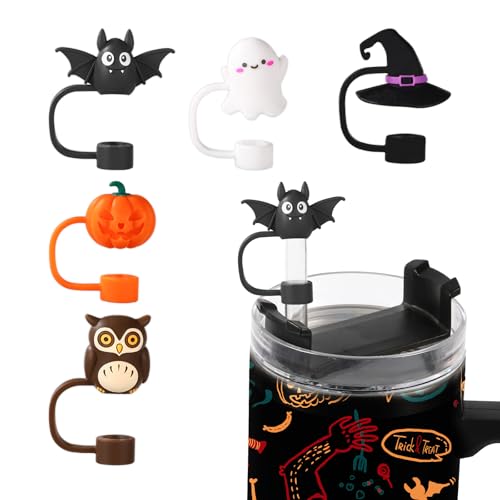 5pcs Halloween Straw Cover Cap for Stanley Cup 30/40oz, Spooky Silicone Straw Topper Bats Pumpkin Straw Tip Lid for 10mm Straws Tumbler Accessories Halloween Gifts Party Favors