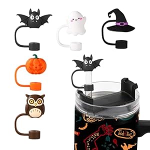 5pcs Halloween Straw Cover Cap for Stanley Cup 30/40oz, Spooky Silicone Straw Topper Bats Pumpkin Straw Tip Lid for 10mm Straws Tumbler Accessories Halloween Gifts Party Favors