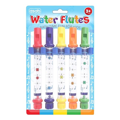 ASAB Pack of 5 Bath Water Flutes with Waterproof Whistles Music Sheets Musical Bath Time Toys With Adjustable Sound Foam Holder Children Bath Toys Mixed Colour Plastic Kids Flutes Easy to Clean
