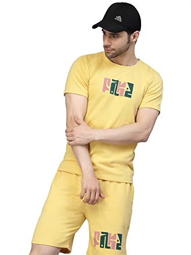Rigo Mélange de coton gaufré auto-structuré pour homme, ensemble de vêtements de nuit, vêtements de détente, pyjama, vêtements de nuit, vêtements de plage, vêtements de vacances, jaune, S