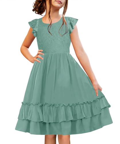 HOSIKA Girls Lace Flower Boho Ruffle Sleeve A-Line Tiered Summer Dress for Wedding Party with Pockets, Light Green, 8 Years
