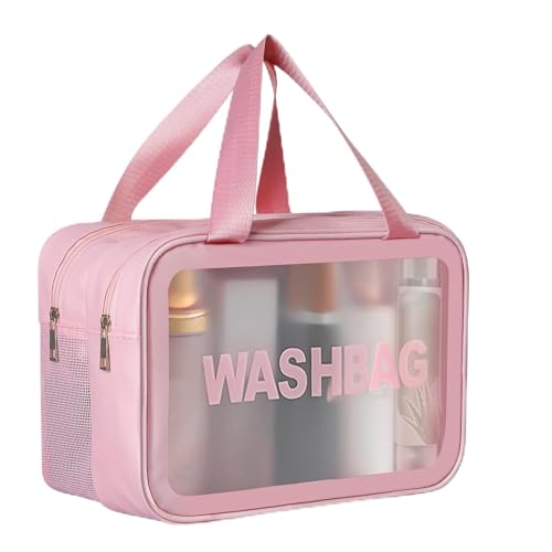 Hossom Neceser Transparente Mujer Avion, PVC Neceser Maquillaje Impermeable Bolsas de Aseo Grande Segregación Seco y Húmedo, Makeup Bag con Cremallera para Baño Viaje Vuelo, Rosa